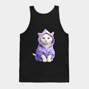 Beautiful white cat wearing purple hoodie Tank Top